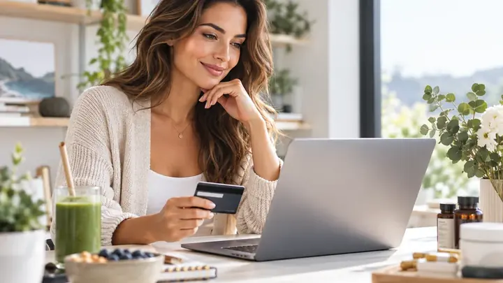 Fotografía de una persona comprando productos de bienestar por internet